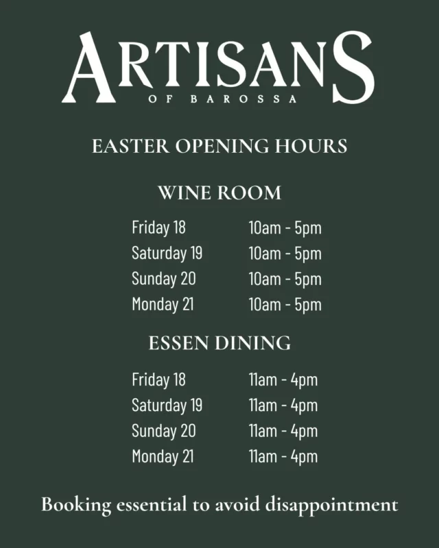 Heading to the Barossa over the Easter weekend?

Artisans of Barossa  is open all weekend long, bookings recommended to avoid any disappointments.

https://artisansofbarossa.com/pages/reservations